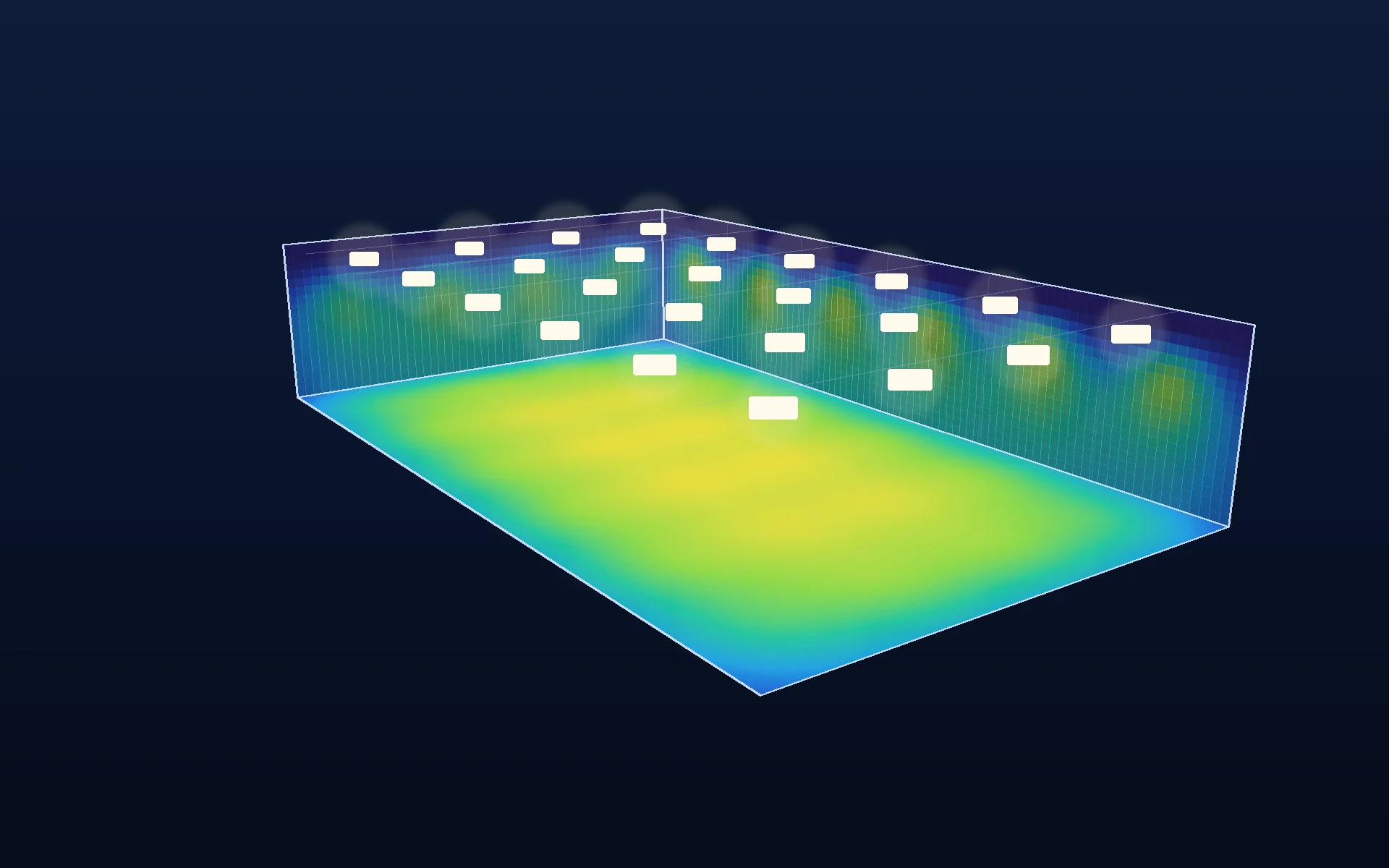 3D false-colour view of the floor (0–420 lx) and walls (vertical illuminance, 0–230 lx) under a high-bay layout.