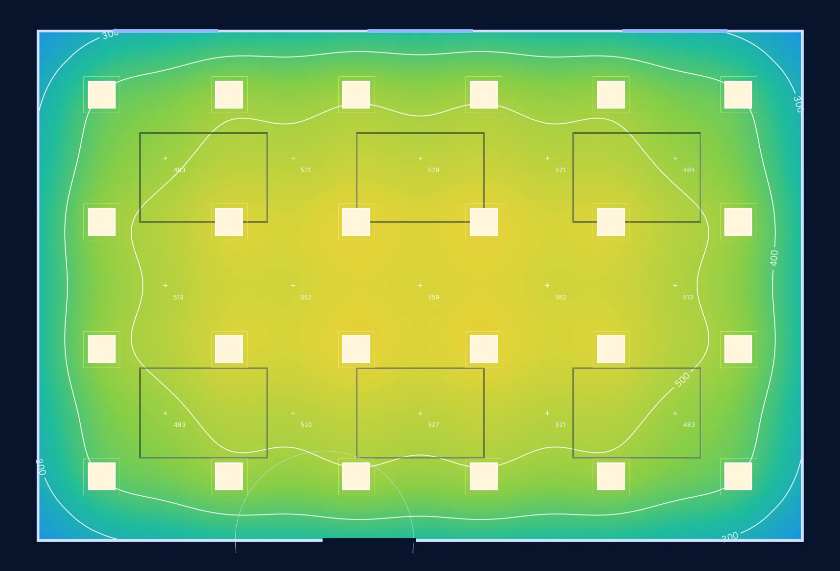 False-colour illuminance plan (0–800 lx) of a 12 × 8 m office, with iso-lines at 300–600 lx and a value grid.